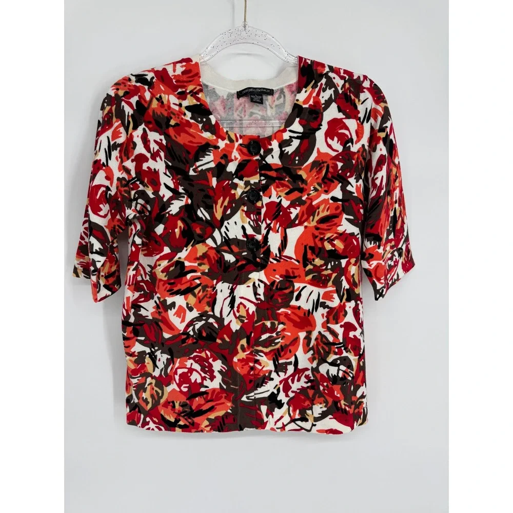 Designers Originals Women Red Floral Abstract Knit Cardigan Sweater Sz L